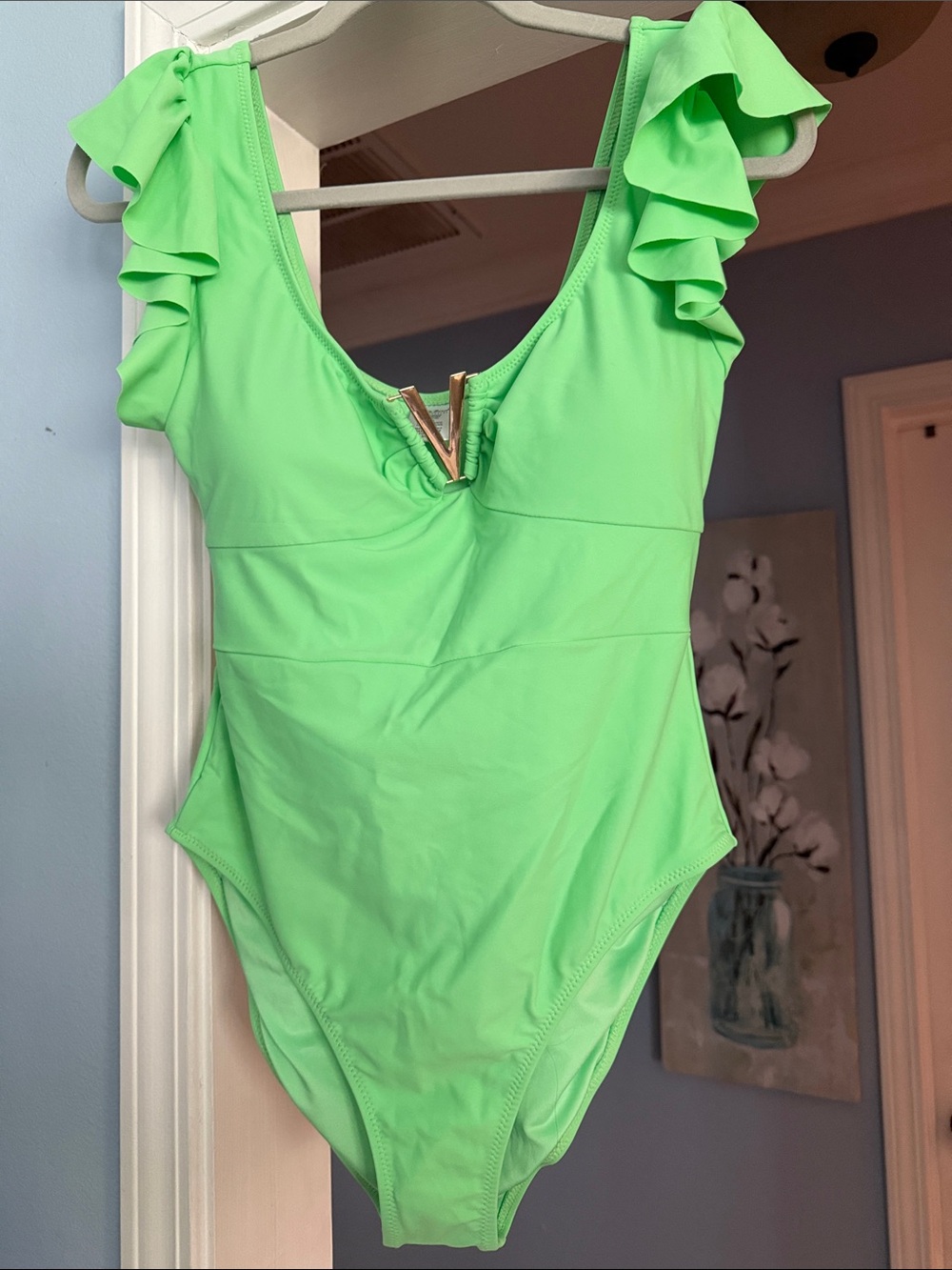 white birch Neon Lime Ruffle Shoulder One-Piece Swimsuit